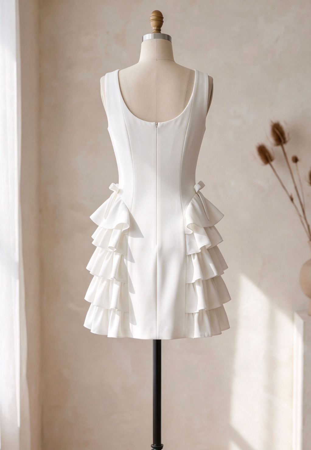 White Structured Crepe A-Line Dress with Side Ruffles - OWNCI White Structured Crepe A-Line Dress with Side Ruffles - OWNCI