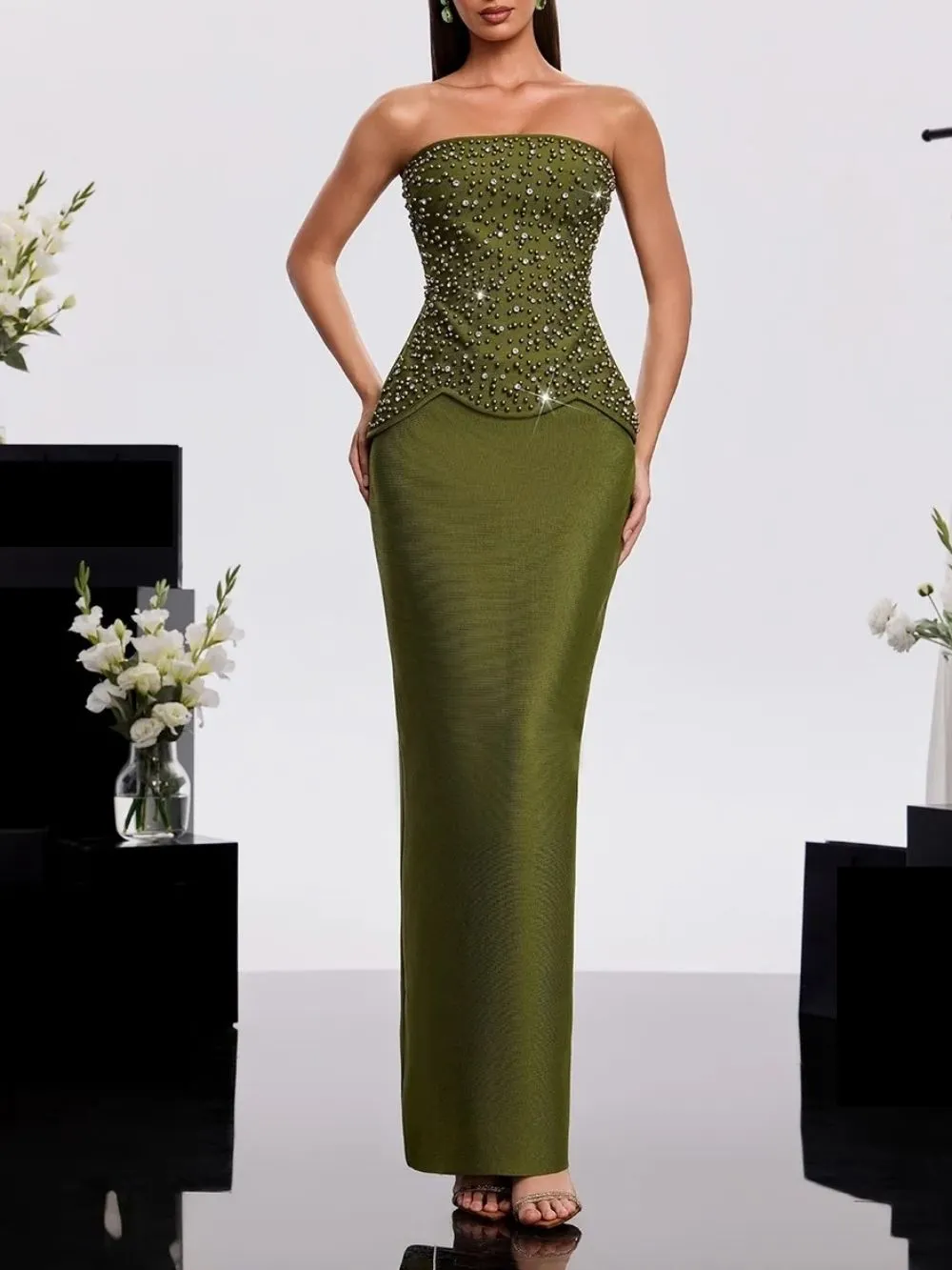 Haruko Strapless Rhinestone Bandage Dress Set - OWNCI