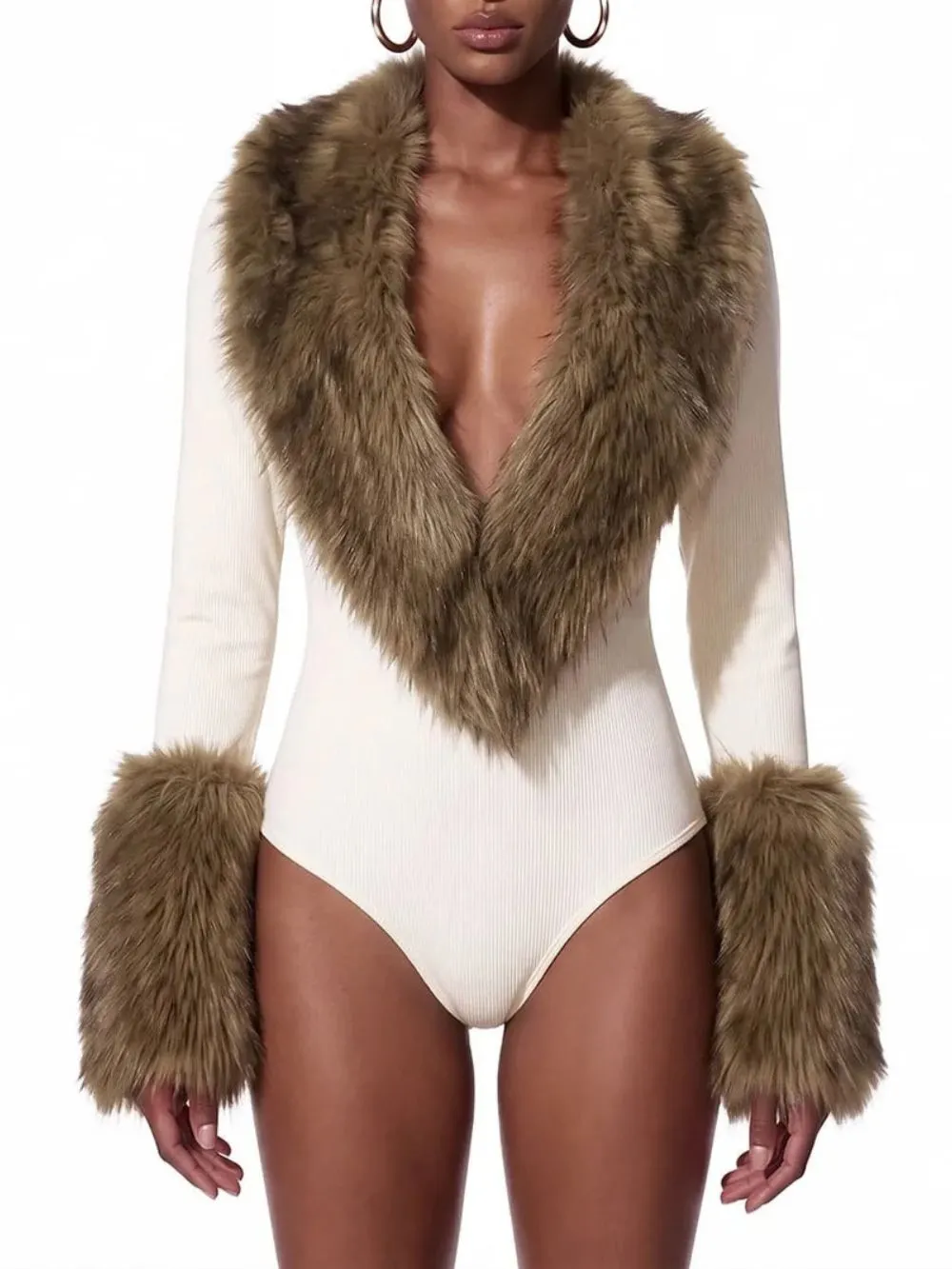 Qalmere Plunge Neck Faux Fur Bodysuit - OWNCI Qalmere Plunge Neck Faux Fur Bodysuit - OWNCI