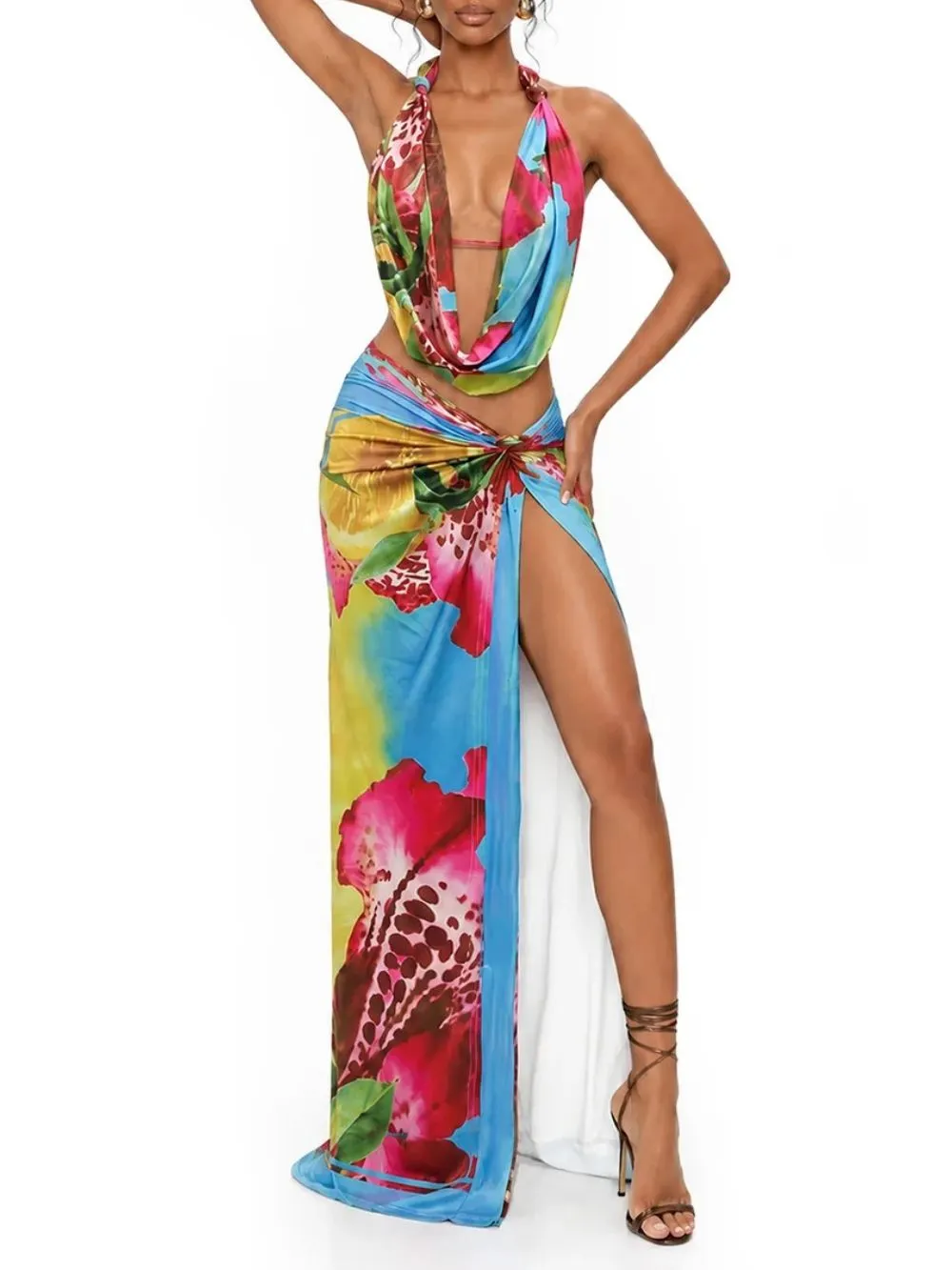 Maysel Cowl Neck Floral Split Skirt Set - OWNCI