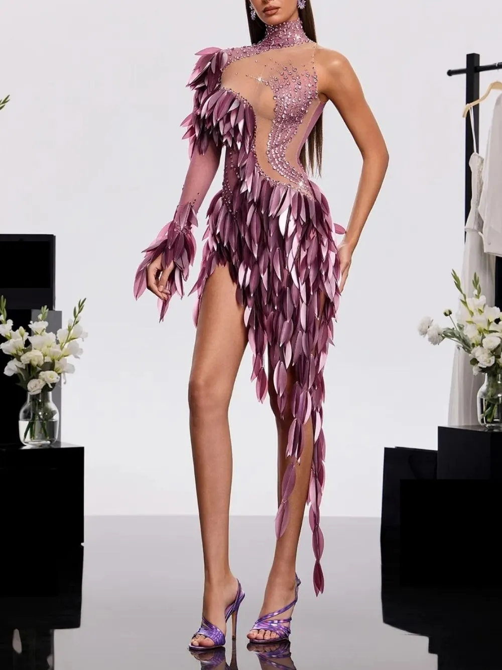 Xandrik One Shoulder Leaf Mesh Dress - OWNCI