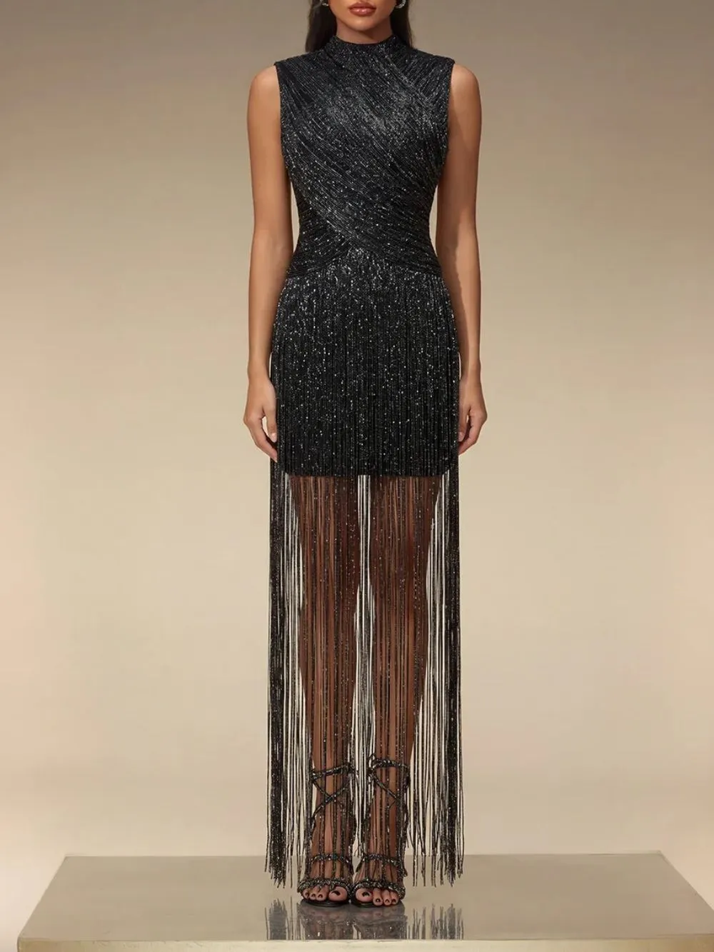 Zavelyn Sleeveless Fringe Bandage Dress In Black - OWNCI