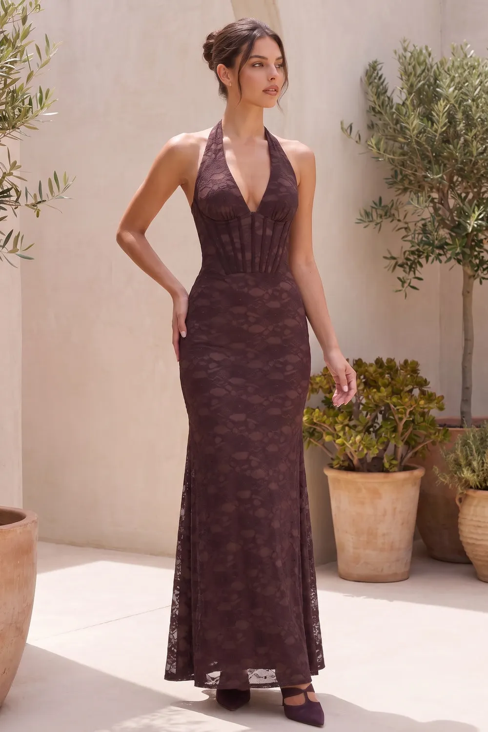 Dark Brown Floral Lace Mermaid Maxi Dress with Corset Bodice - OWNCI Dark Brown Floral Lace Mermaid Maxi Dress with Corset Bodice - OWNCI