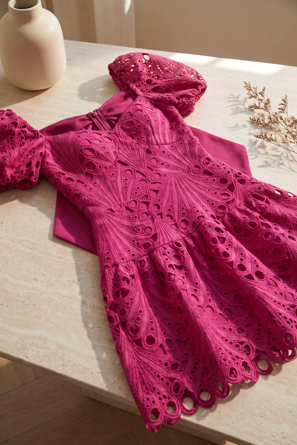 Magenta Guipure Lace Mini Dress - OWNCI