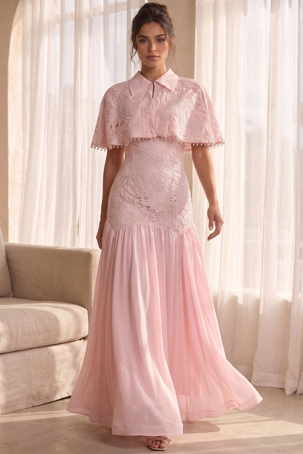 Pastel Pink Floral Lace Fitted Bodice with Flared Mermaid-Style Skirt Dress with Matching Capelet - OWNCI