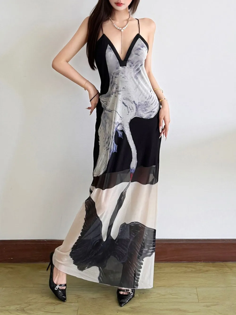 Meryem Spaghetti Swan Printed Maxi Dress - OWNCI Meryem Spaghetti Swan Printed Maxi Dress - OWNCI
