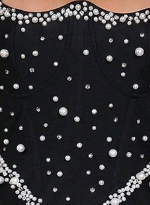 Black Heavy Stretch Knit Bodycon Dress with Pearl Embellishments - OWNCI Black Heavy Stretch Knit Bodycon Dress with Pearl Embellishments - OWNCI
