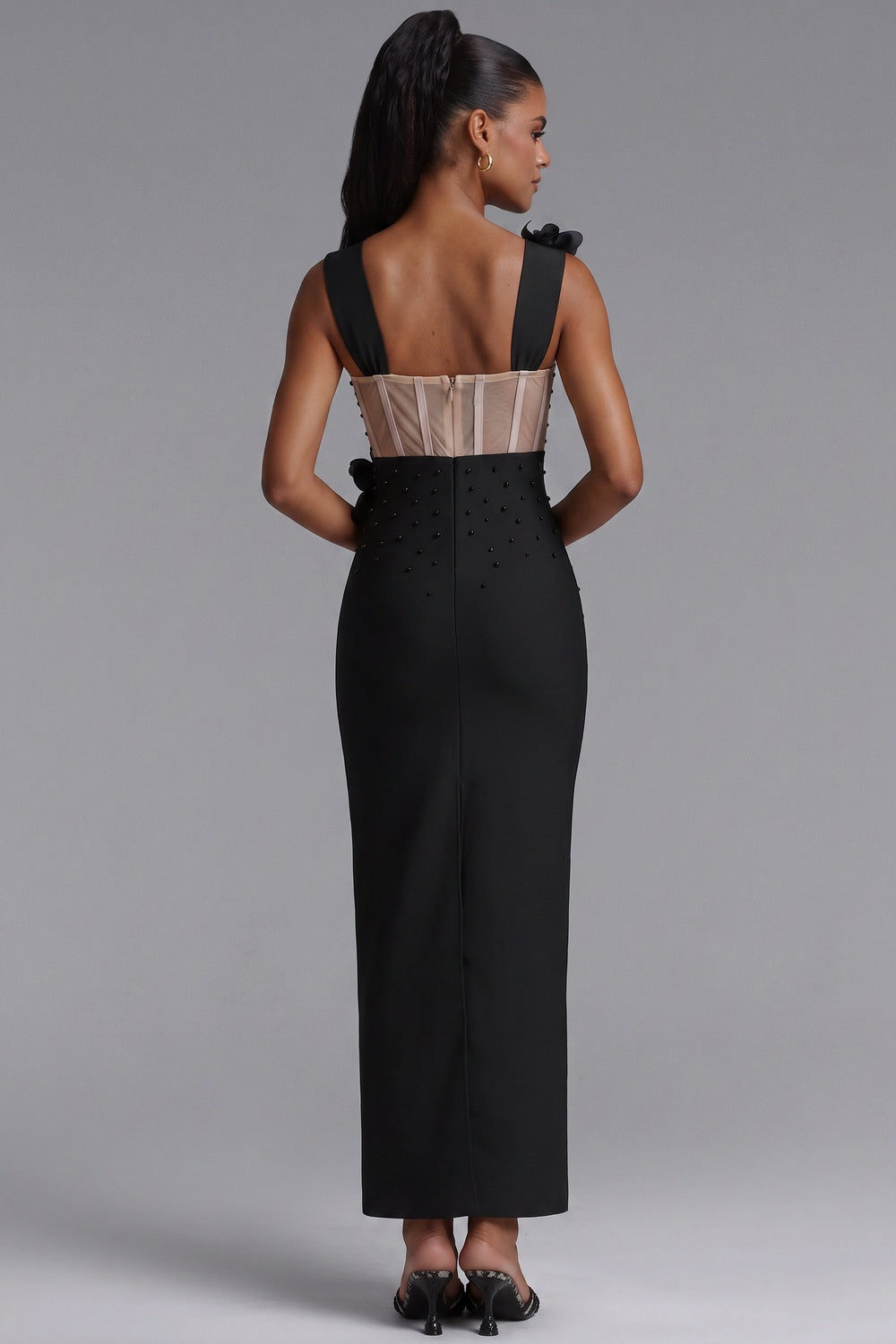 Black Structured Crepe Column Evening Gown with Beaded Bodice - OWNCI Black Structured Crepe Column Evening Gown with Beaded Bodice - OWNCI