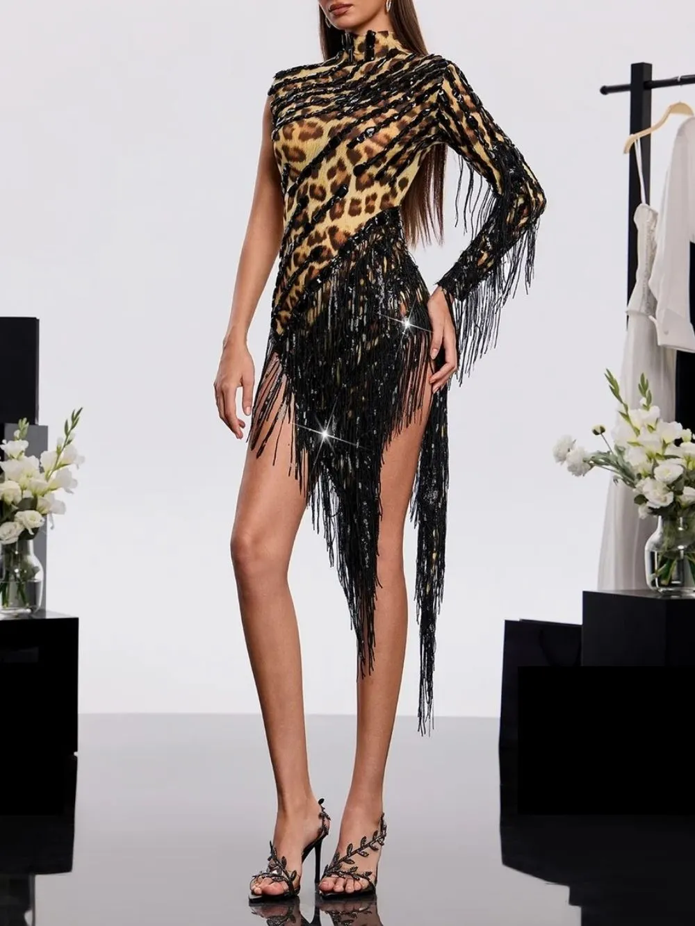 Dagfinn One Shoulder Fringe Sequin Bodysuit In Yellow - OWNCI Dagfinn One Shoulder Fringe Sequin Bodysuit In Yellow - OWNCI