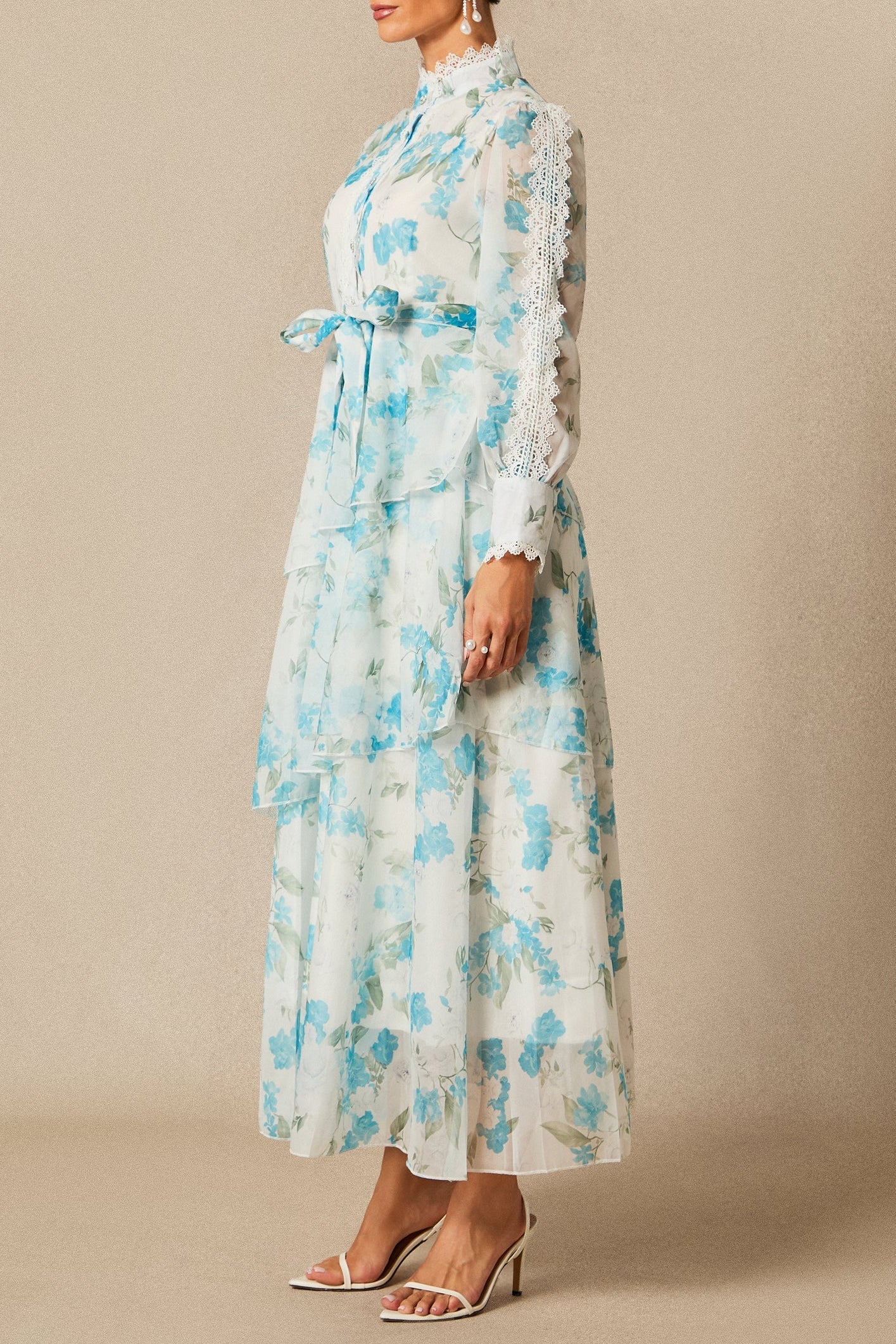 Nina Blue Chiffon Lace Trim Stand-Collar Dress With Layered Ruffles - OWNCI
