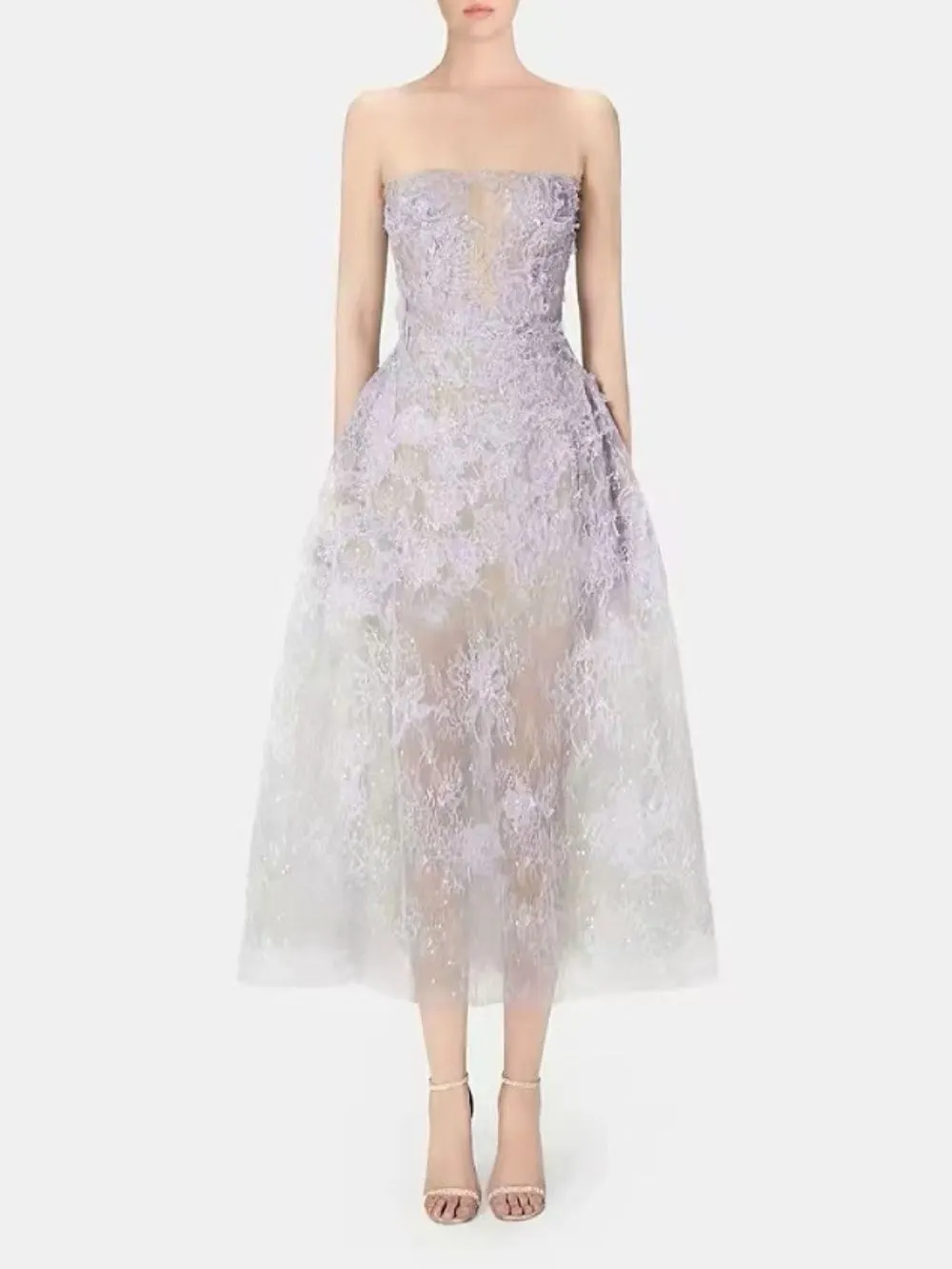 Allyson Purple Floral Lace Embroider Midi Dress - OWNCI