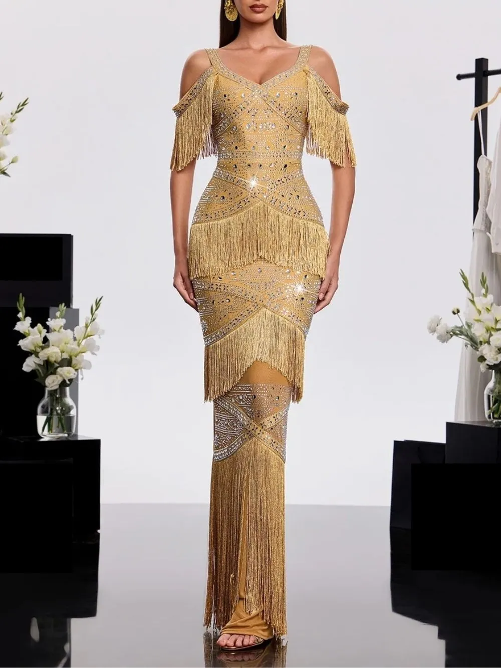 Laxden V Neck Fringe Rhinestone Maxi Dress - OWNCI Laxden V Neck Fringe Rhinestone Maxi Dress - OWNCI