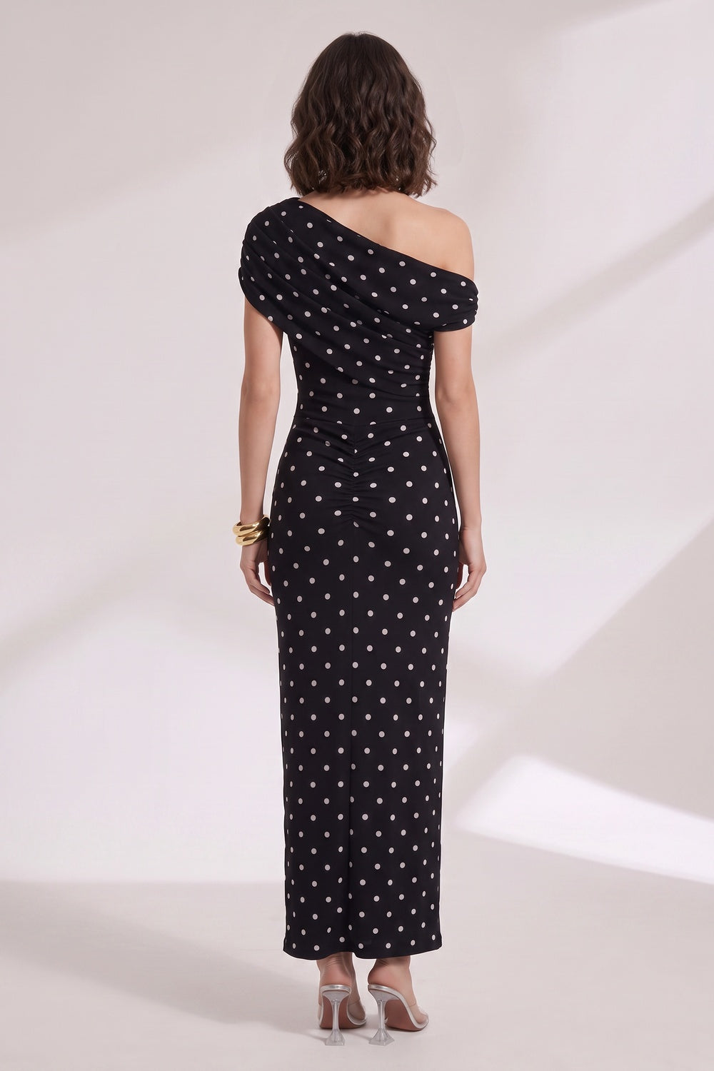 Black Polka Dot One-Shoulder Maxi Dress - OWNCI Black Polka Dot One-Shoulder Maxi Dress - OWNCI