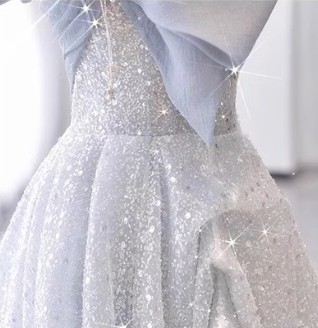 Silver-Blue Glitter Tulle A-Line Evening Gown - OWNCI