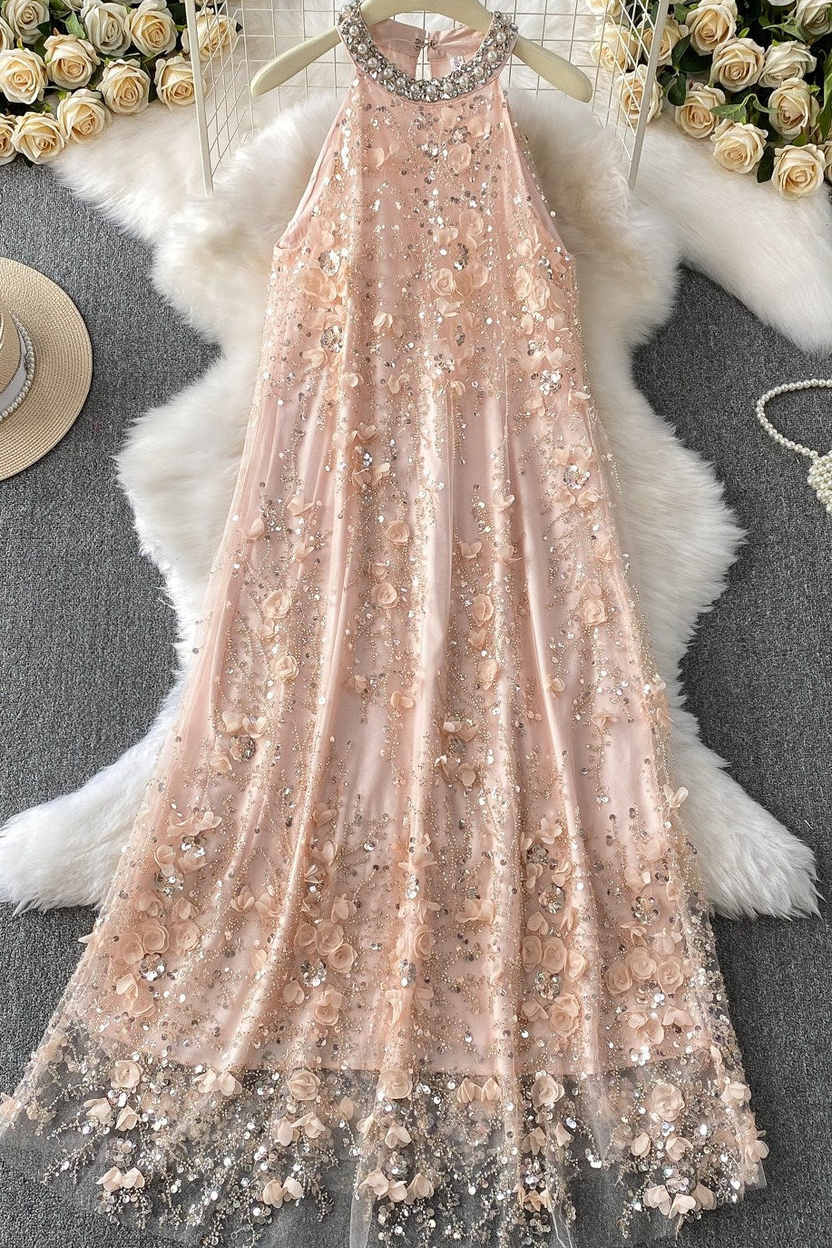 Blush Pink Tulle Mesh A-Line Shift Dress with Floral Embellishment - OWNCI Blush Pink Tulle Mesh A-Line Shift Dress with Floral Embellishment - OWNCI