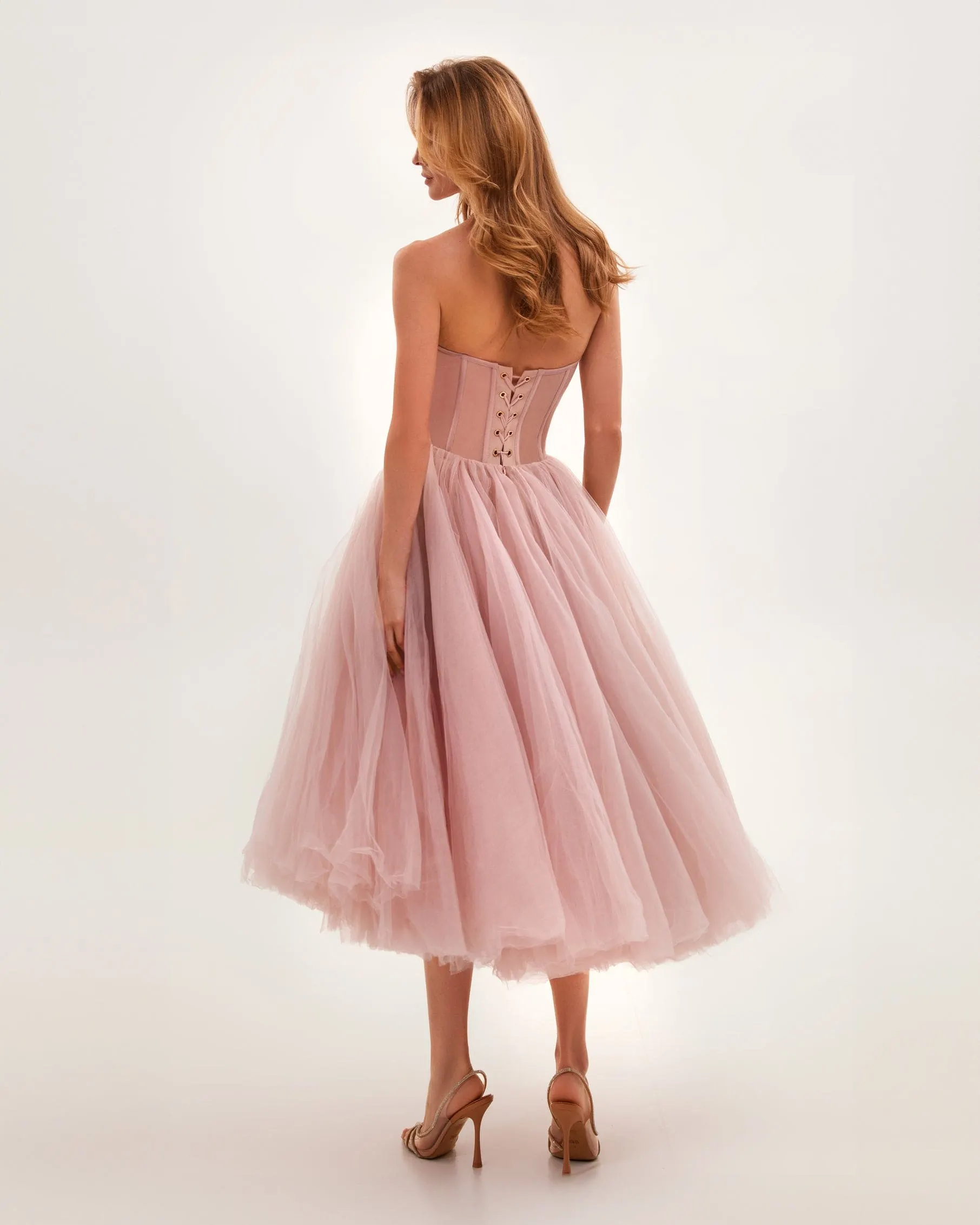 Misty Rose Strapless Puffy Midi Tulle Dress - OWNCI
