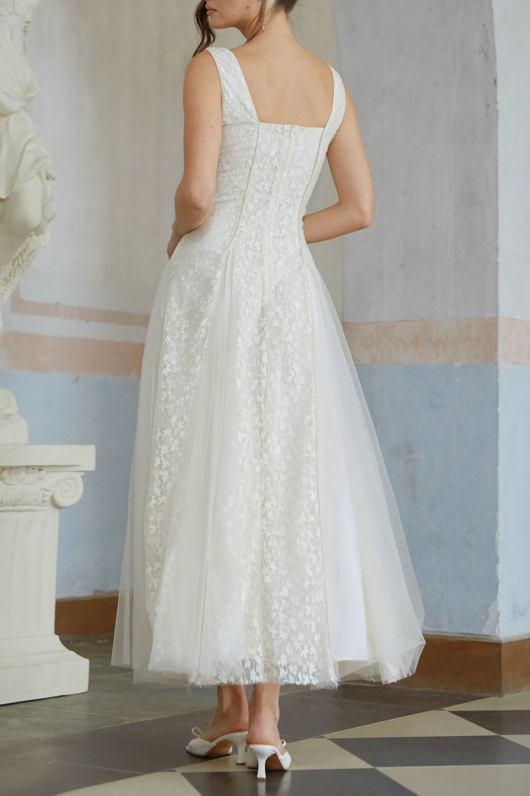 Jessica Neutral Tulle Panel Lace Maxi Dress In White - OWNCI