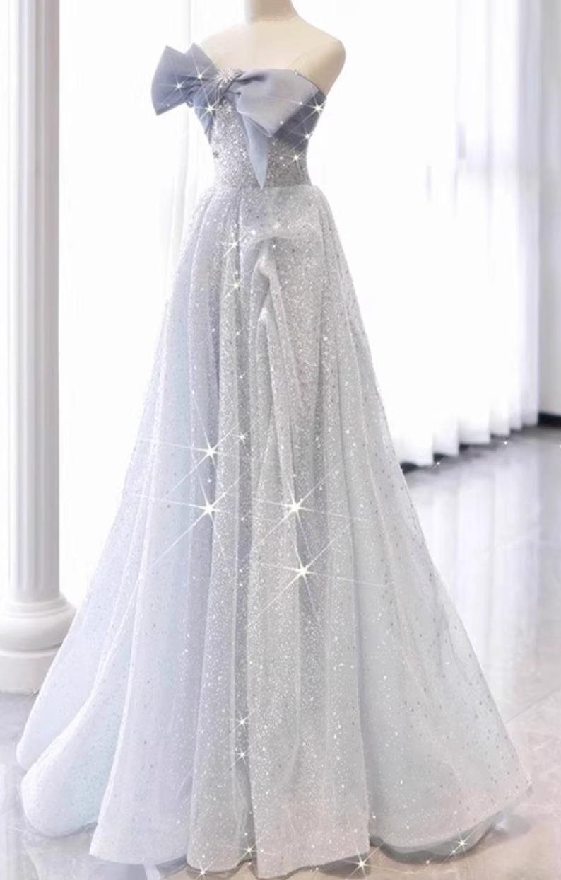 Silver-Blue Glitter Tulle A-Line Evening Gown - OWNCI