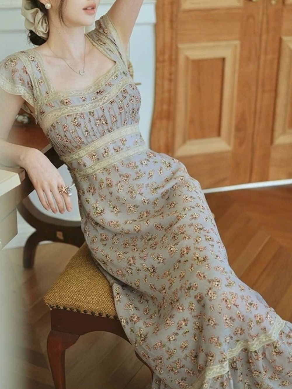 Micaela Blue Floral Lace Maxi Dress - OWNCI Micaela Blue Floral Lace Maxi Dress - OWNCI