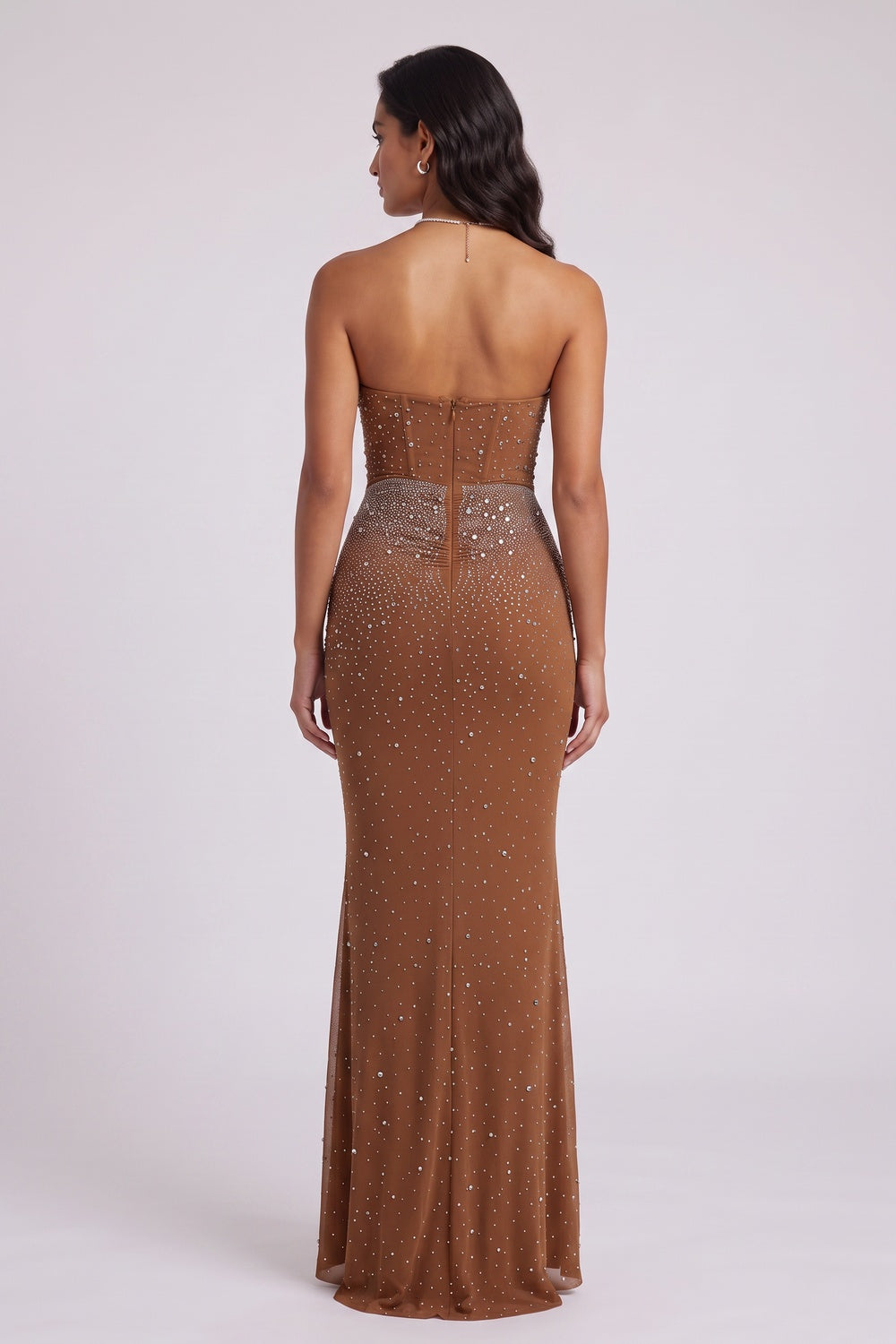 Brown Mesh Fitted Column Gown with Crystal Embellishments - OWNCI Brown Mesh Fitted Column Gown with Crystal Embellishments - OWNCI