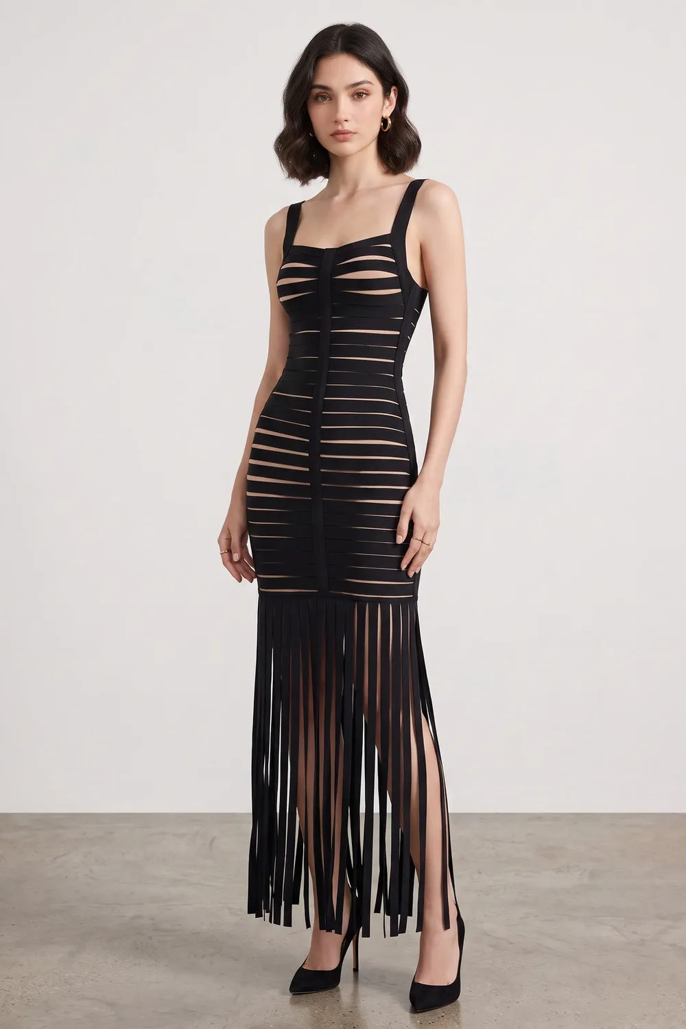 Black Bandage Knit Fringe Maxi Dress - OWNCI Black Bandage Knit Fringe Maxi Dress - OWNCI