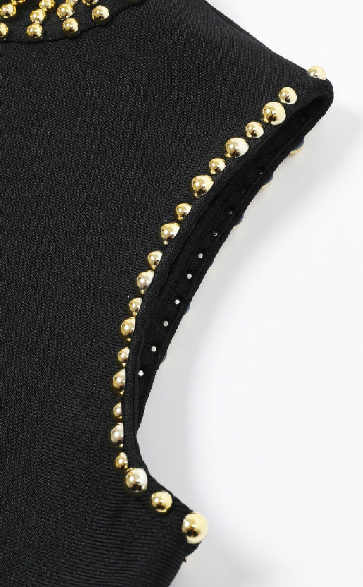 Black Heavyweight Stretch Knit Bodycon Dress with Gold Beaded Details - OWNCI Black Heavyweight Stretch Knit Bodycon Dress with Gold Beaded Details - OWNCI