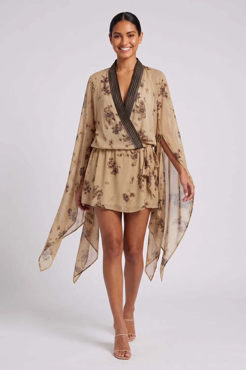 Beige Chiffon Wrap-Front Blouson With Draped Cape Sleeves Mini Dress - OWNCI