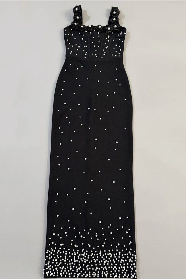 Black Heavyweight Stretch Knit Column Maxi Dress with Pearl Embellishments - OWNCI Black Heavyweight Stretch Knit Column Maxi Dress with Pearl Embellishments - OWNCI