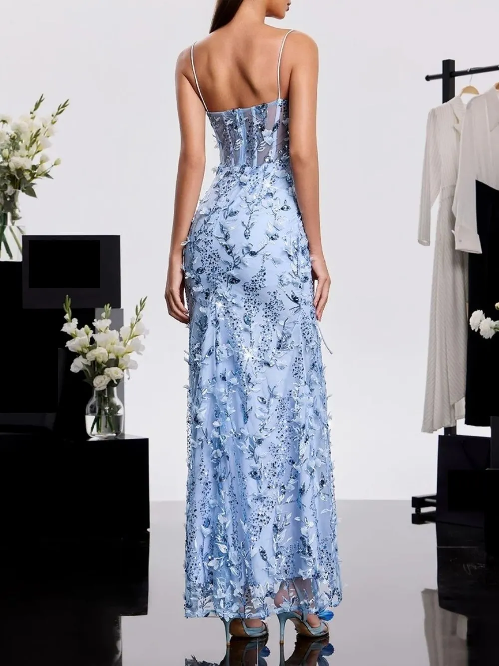 Haranu Spaghetti Corset Sequin Dress In Sky - OWNCI