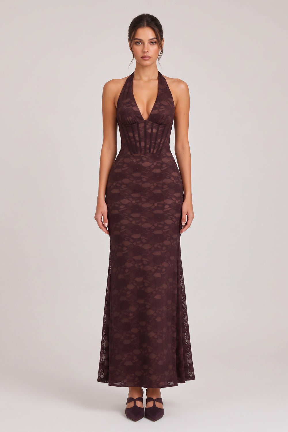 Dark Brown Floral Lace Mermaid Maxi Dress with Corset Bodice - OWNCI