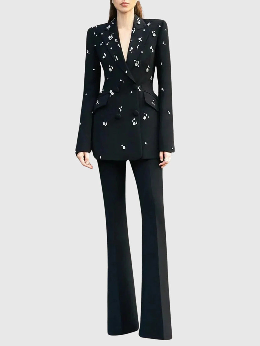 Myra Black Straight Flared Velvet Floor Length Pants Rhinestone Blazer Set - OWNCI Myra Black Straight Flared Velvet Floor Length Pants Rhinestone Blazer Set - OWNCI