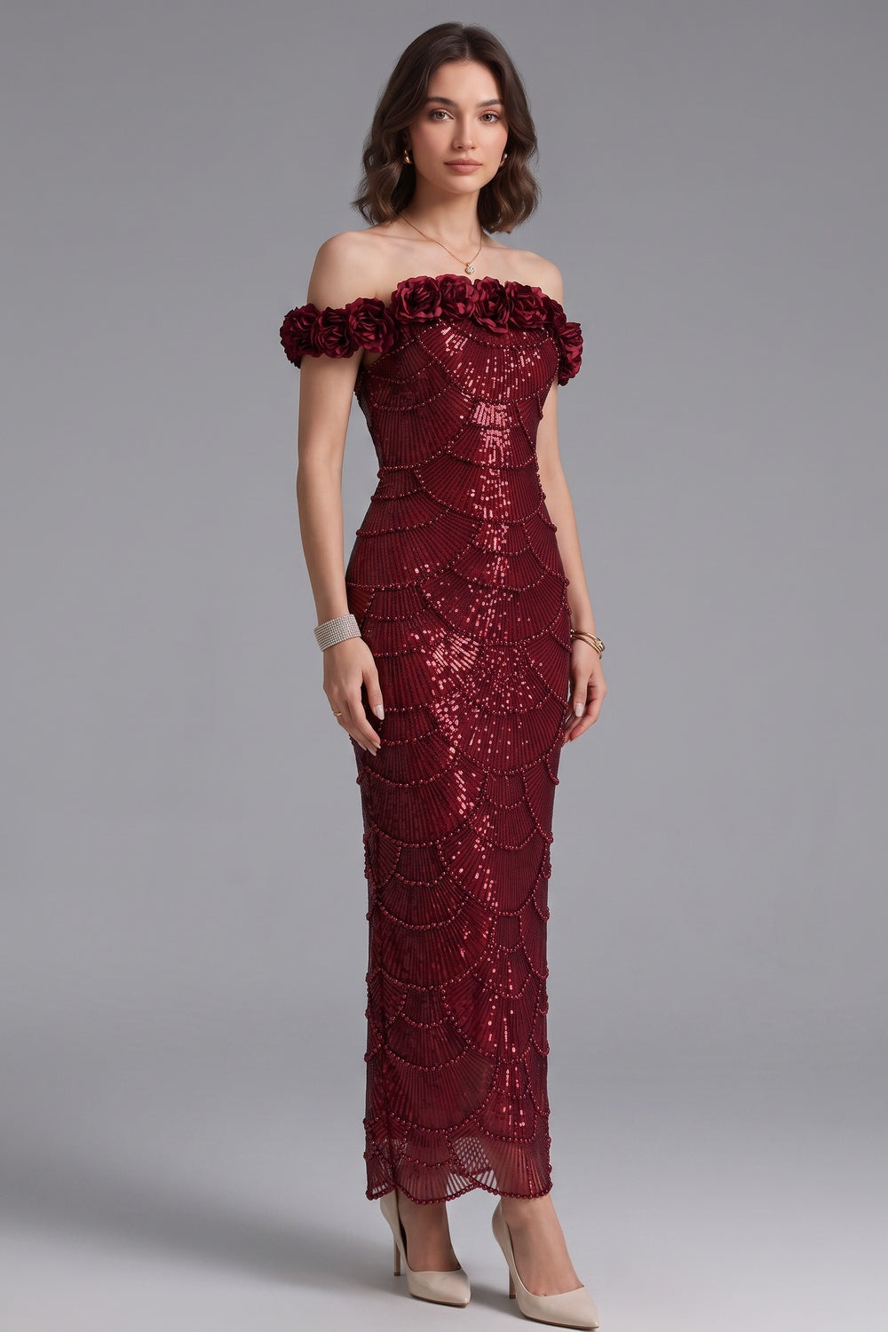 Burgundy Sequined Mesh Column Gown - OWNCI