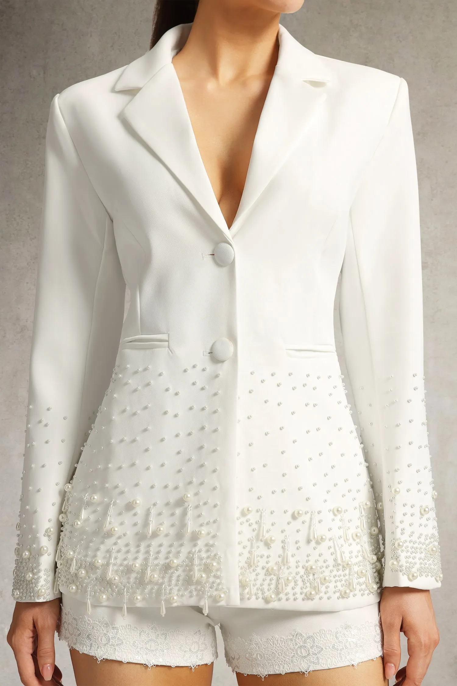 Mirabelle Long Sleeve Pearl Blazer In White - OWNCI Mirabelle Long Sleeve Pearl Blazer In White - OWNCI