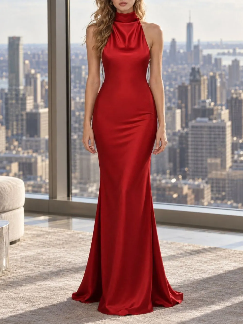 Mirra Red Halter Satin Backless Maxi Dress - OWNCI Mirra Red Halter Satin Backless Maxi Dress - OWNCI