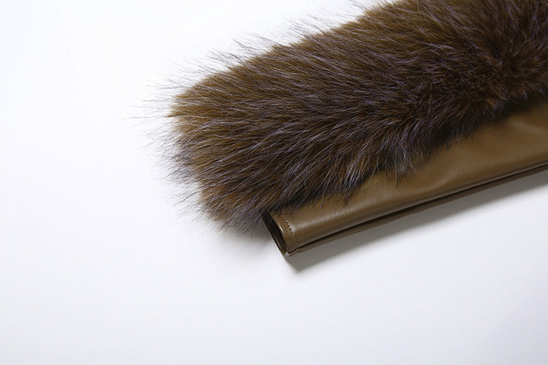 Sibyl Leather Fur Collar Asymmetrical Mini Dress In Brown - OWNCI Sibyl Leather Fur Collar Asymmetrical Mini Dress In Brown - OWNCI