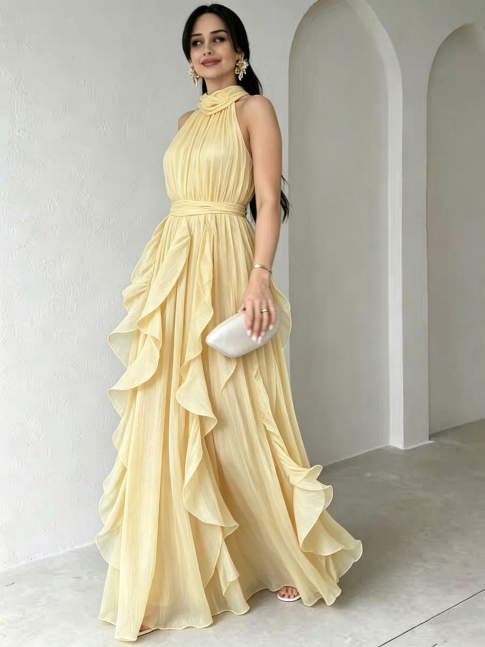 Yellow Chiffon A-Line Halter Maxi Dress - OWNCI Yellow Chiffon A-Line Halter Maxi Dress - OWNCI