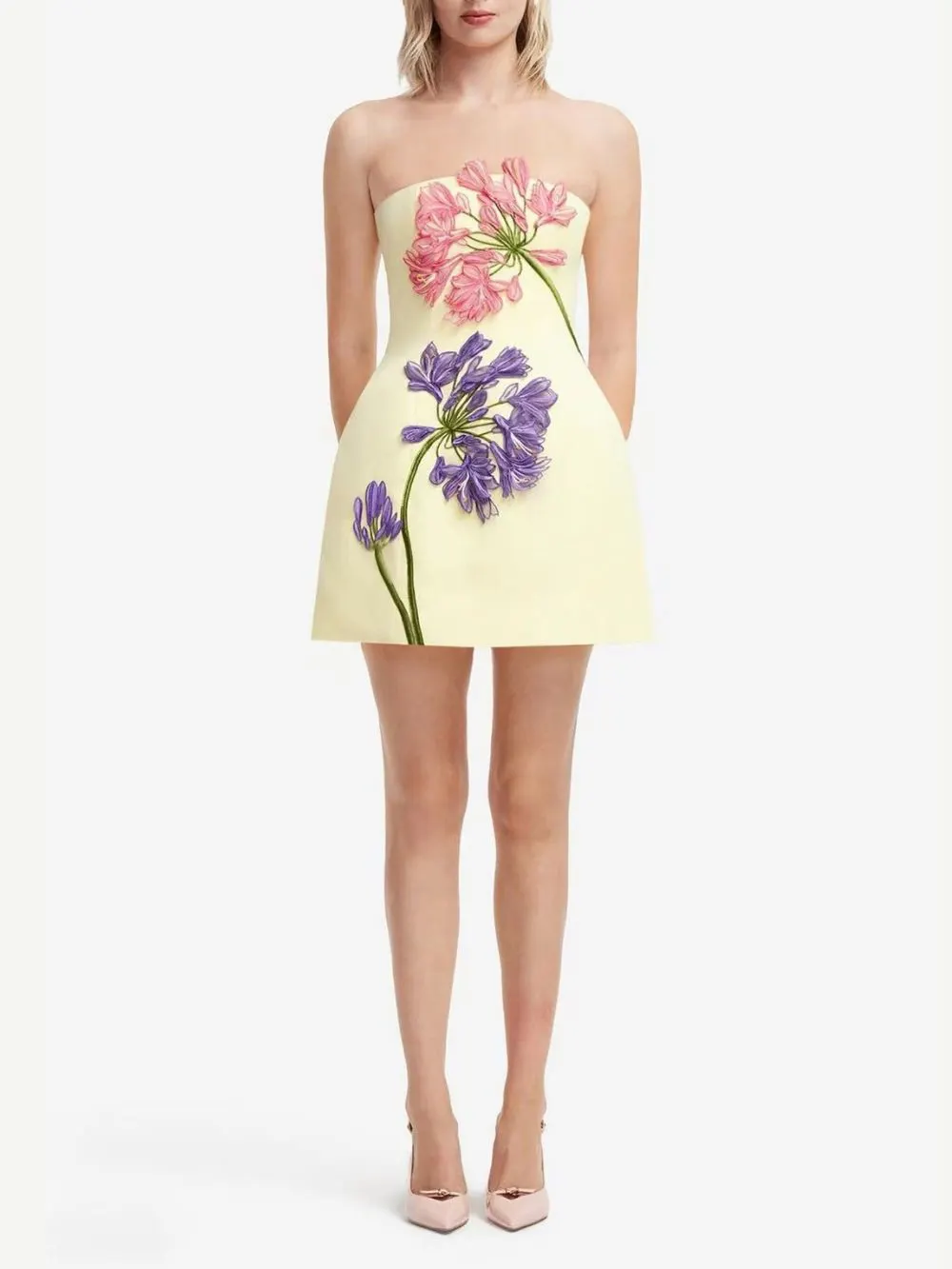 Michal Yellow Strapless Flower Mini Dress - OWNCI Michal Yellow Strapless Flower Mini Dress - OWNCI