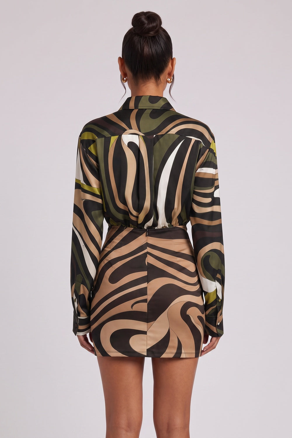 Olive Green Satin-Weave Silk Or Synthetic Blend Fitted Skirt With Relaxed Blouson Bodice Hybrid Shirt Mini Dress - OWNCI