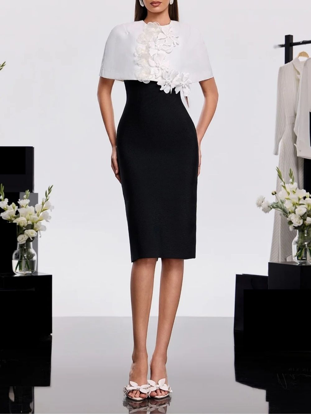 Gravenk Cape Flower Bandage Midi Dress - OWNCI