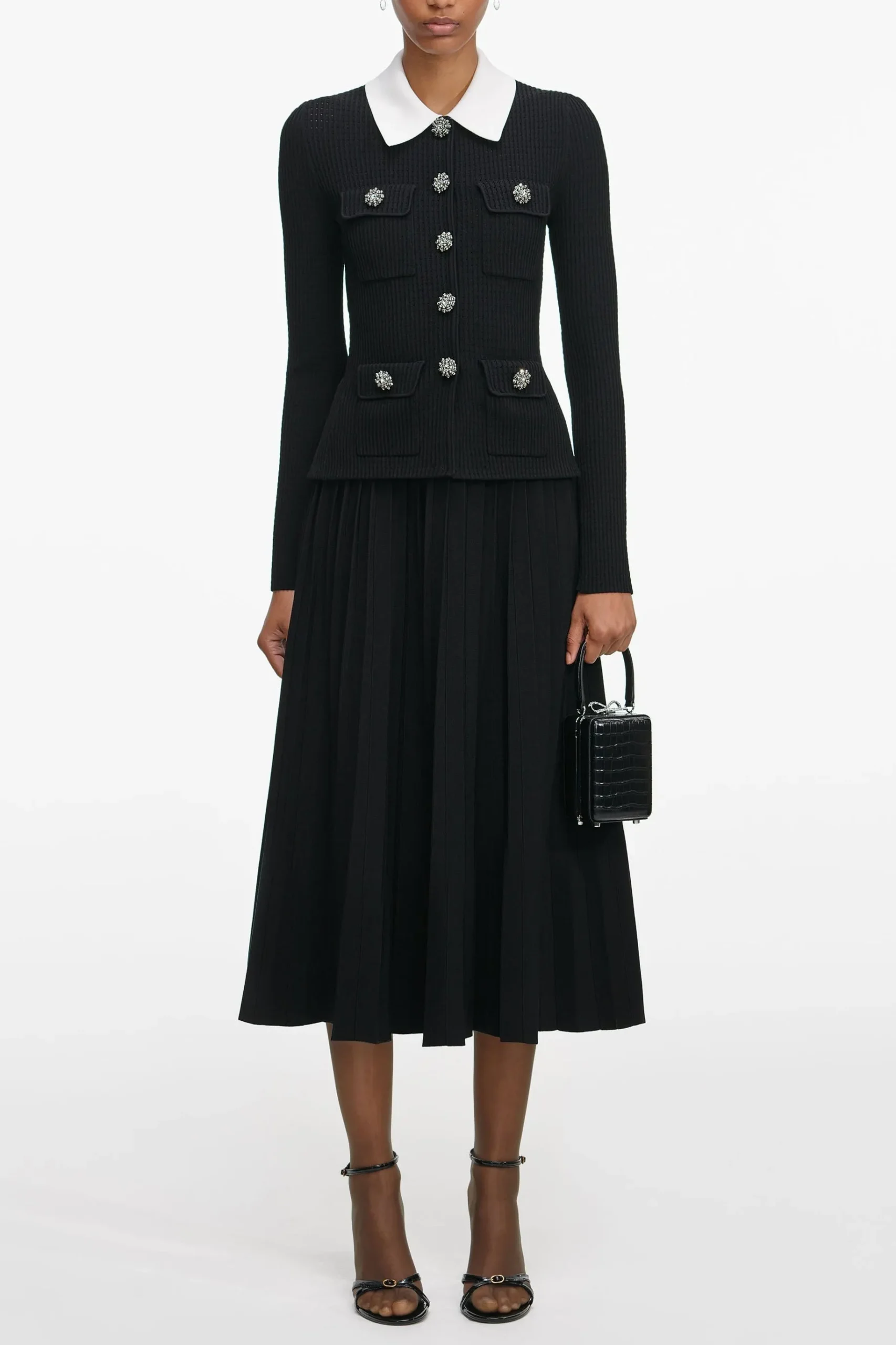 Evangeline Black Tailored Knit Midi Dress - OWNCI
