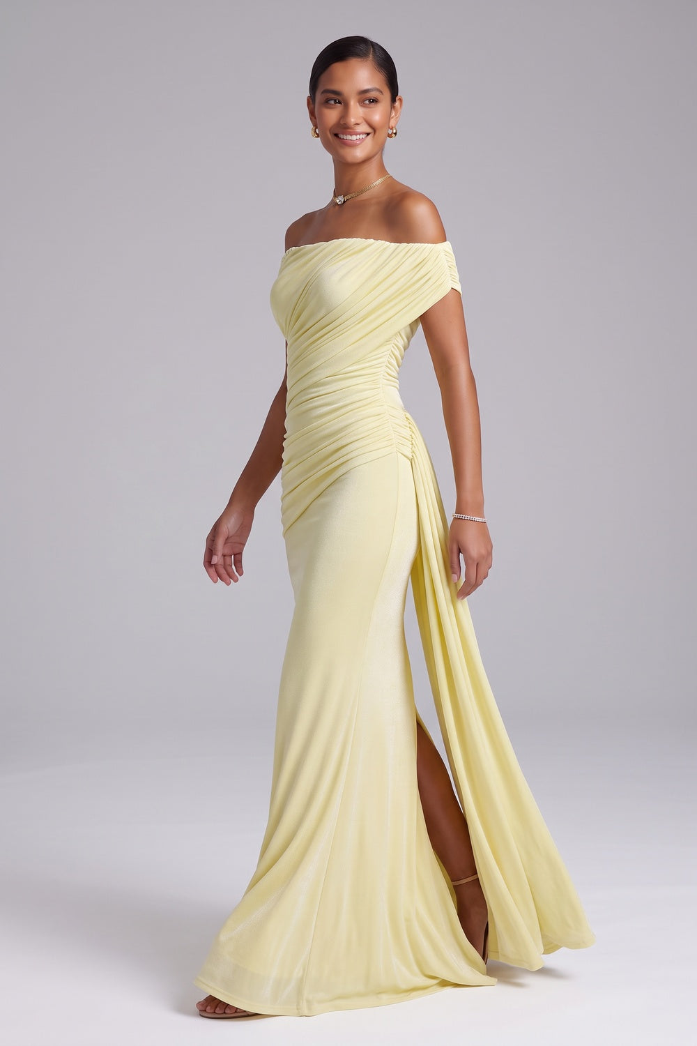 Pale Yellow Stretch Jersey Column Gown - OWNCI