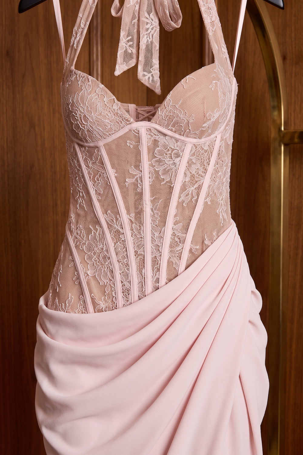 Pale Pink Crepe Draped Column With Corset Bodice Gown - OWNCI