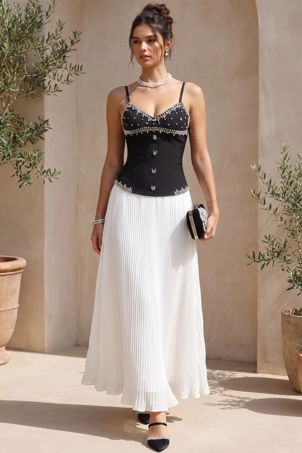 Black Embellished Corset Bodice and White Pleated Maxi Skirt Two-Piece Dress Set - OWNCI