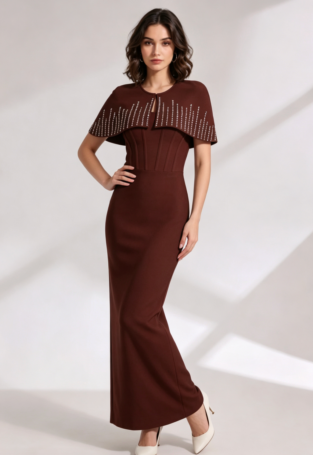 Dark Brown Structured Crepe Column Dress with Capelet Overlay - OWNCI Dark Brown Structured Crepe Column Dress with Capelet Overlay - OWNCI
