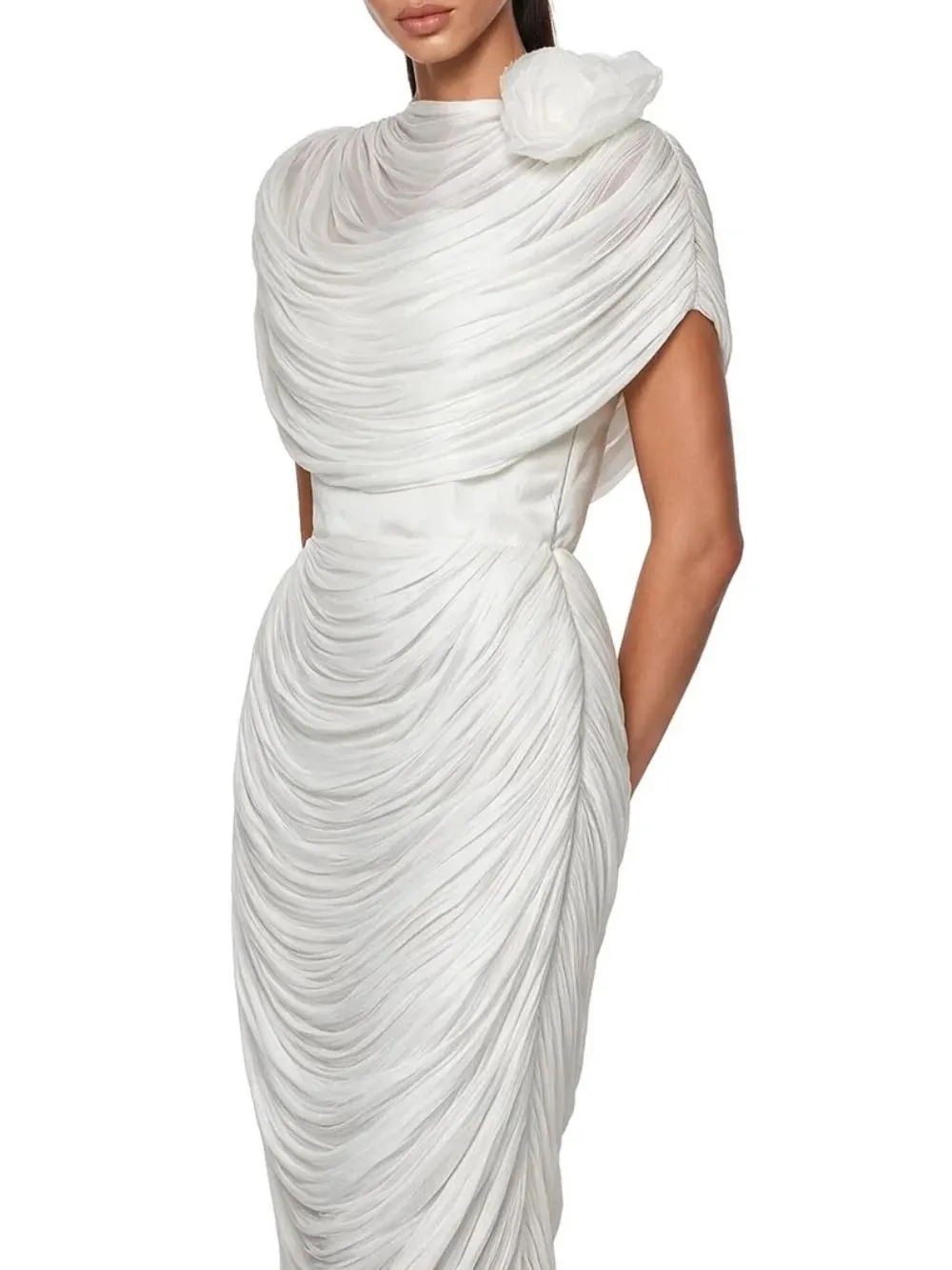 Kessari Flower Draped Midi Dress In White - OWNCI Kessari Flower Draped Midi Dress In White - OWNCI