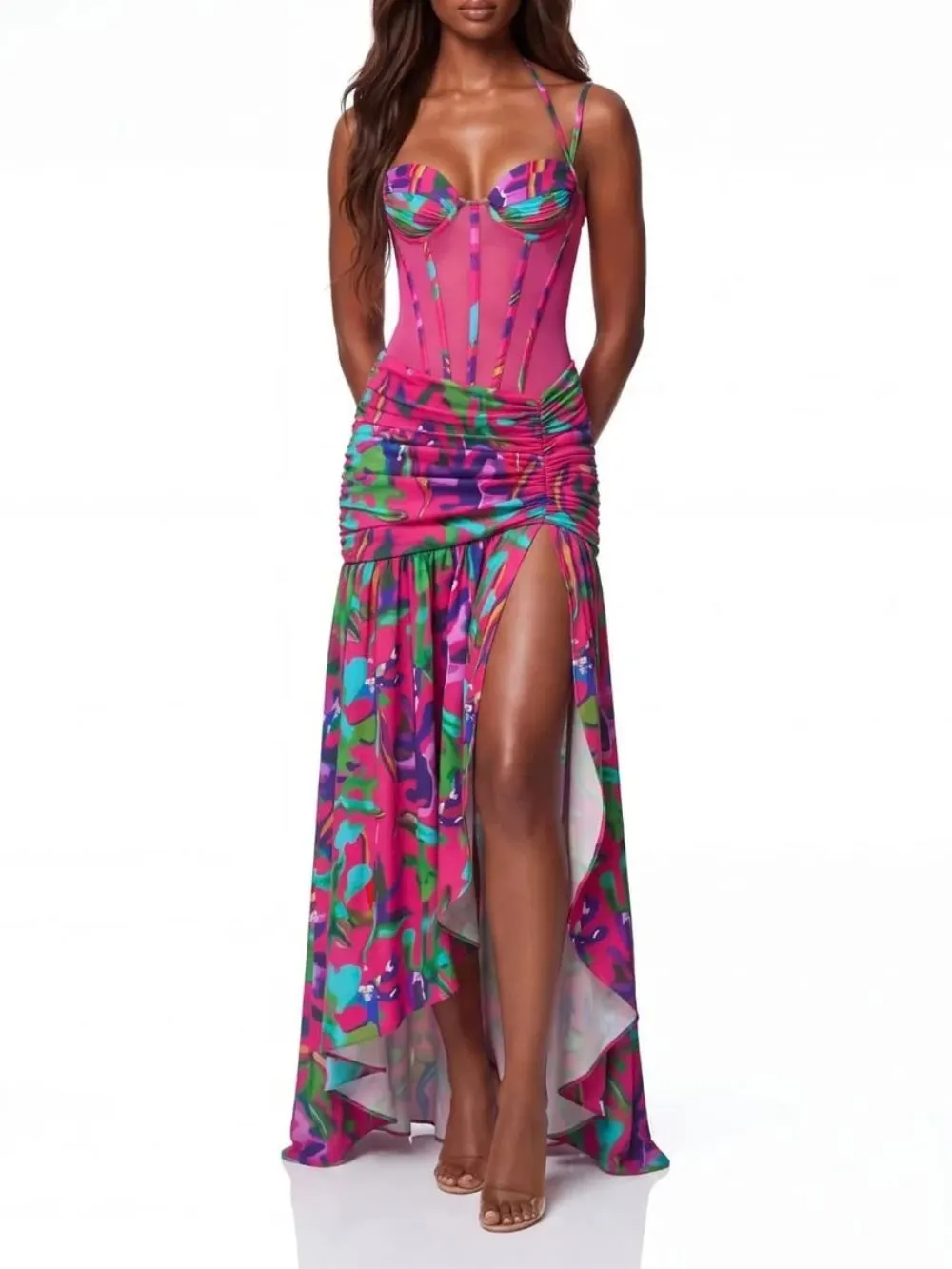 Juvelli Split Ruched Ruffle Maxi Dress - OWNCI