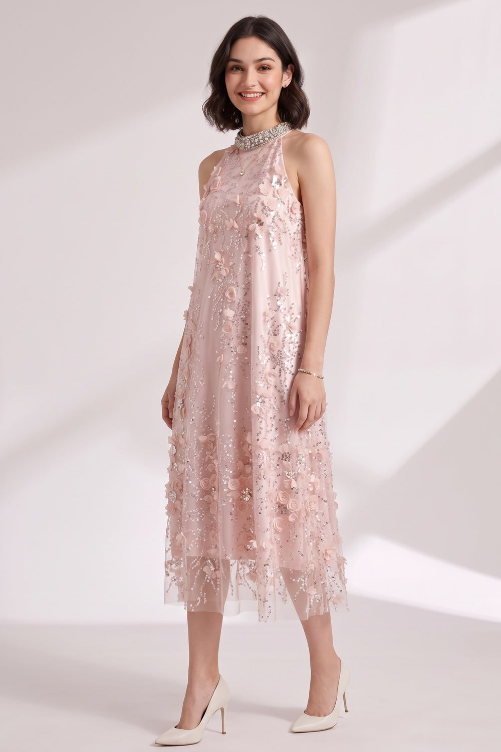 Blush Pink Tulle Mesh A-Line Shift Dress with Floral Embellishment - OWNCI Blush Pink Tulle Mesh A-Line Shift Dress with Floral Embellishment - OWNCI