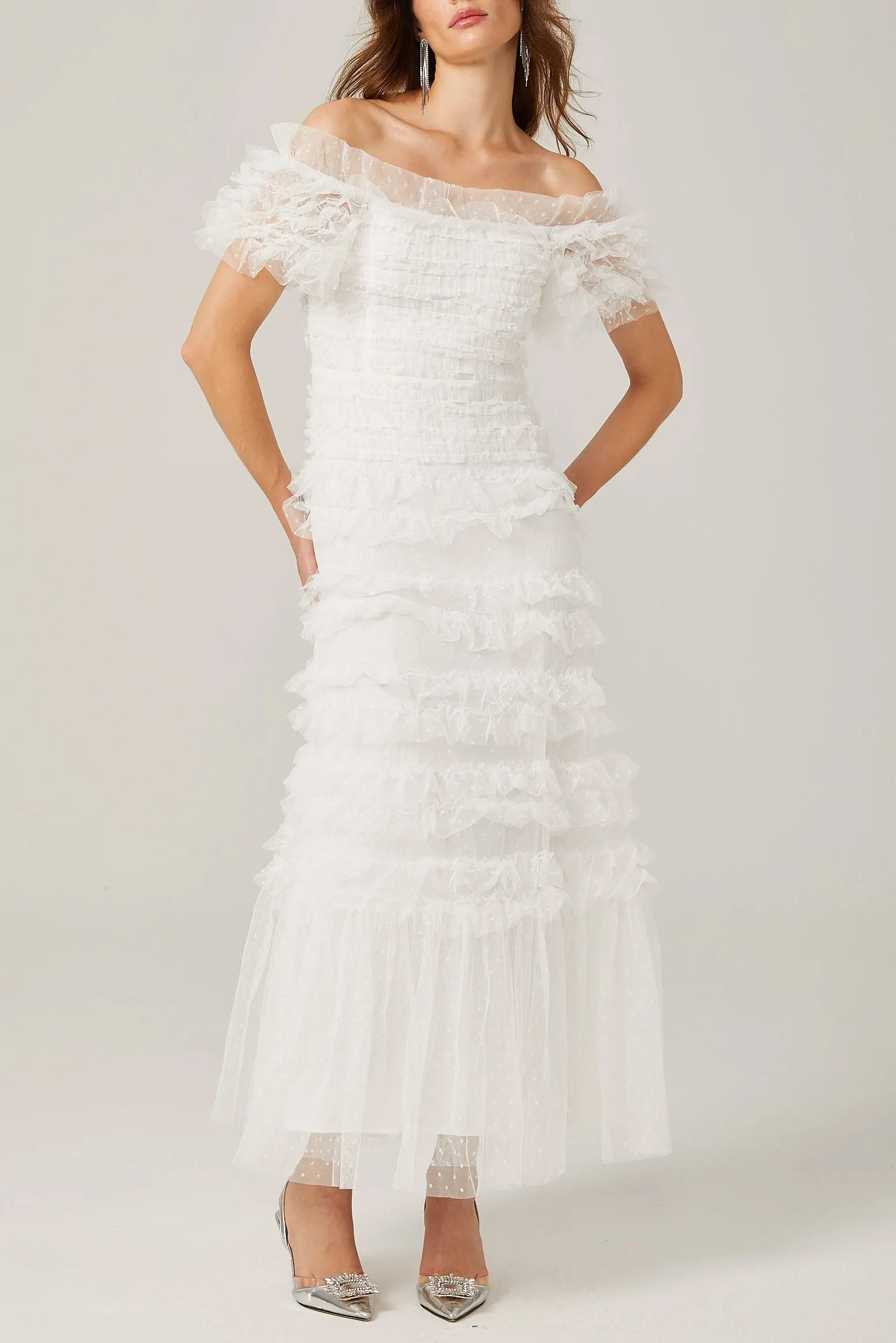 Joyce Ruffled Tulle Tiered Strapless Midi Dress In White - OWNCI
