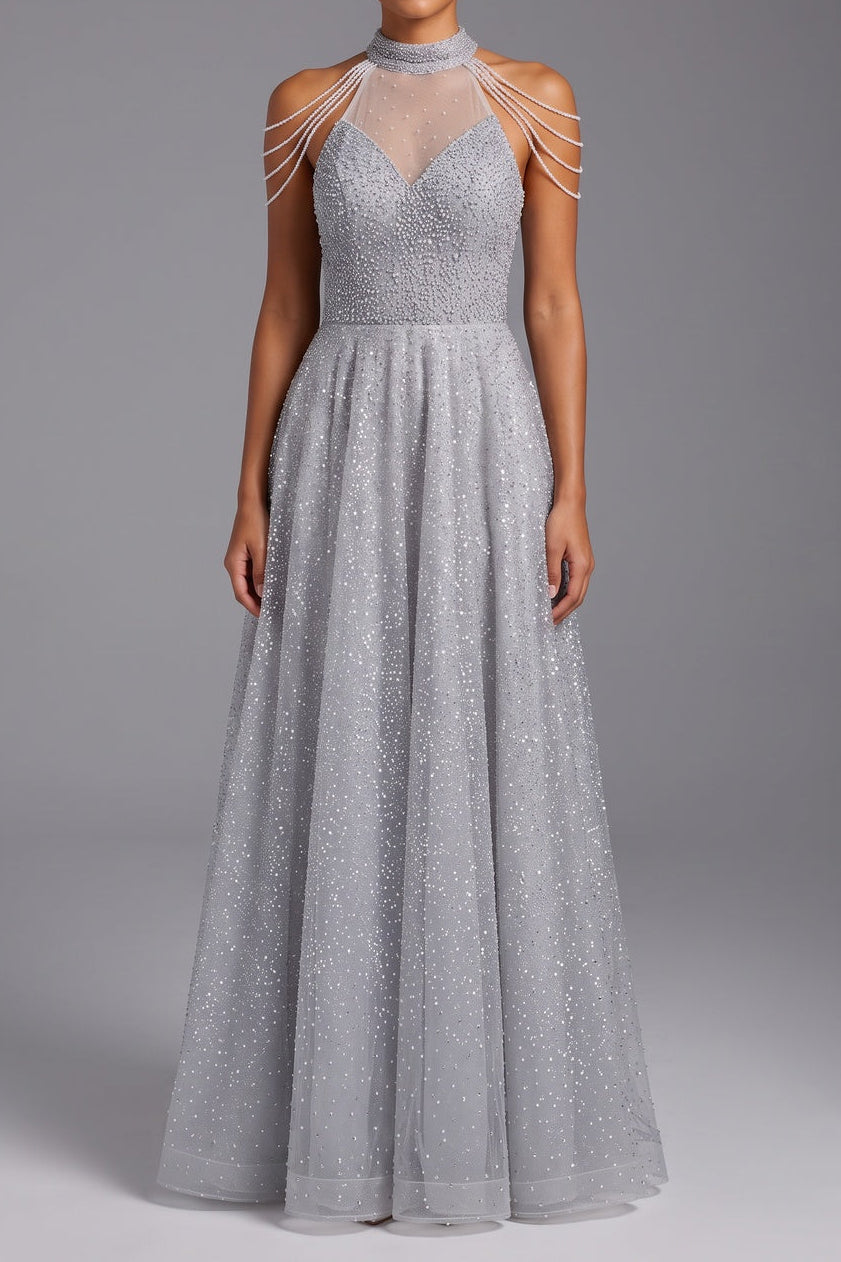 Silver Tulle A-Line Evening Gown - OWNCI Silver Tulle A-Line Evening Gown - OWNCI