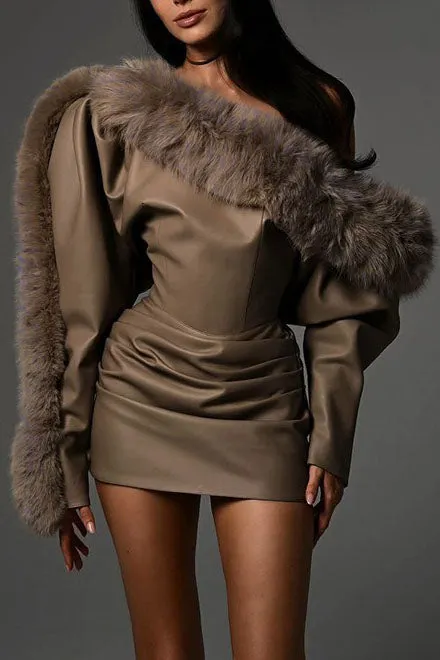 Sibyl Leather Fur Collar Asymmetrical Mini Dress In Brown - OWNCI
